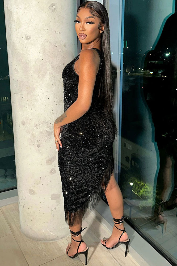 Sequin One Shoulder Fringe Bodycon Mini Dress - View 3