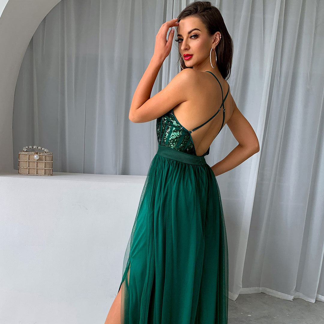 Sequin Deep V-Neck Backless Tulle High Split Maxi Dress - View 3
