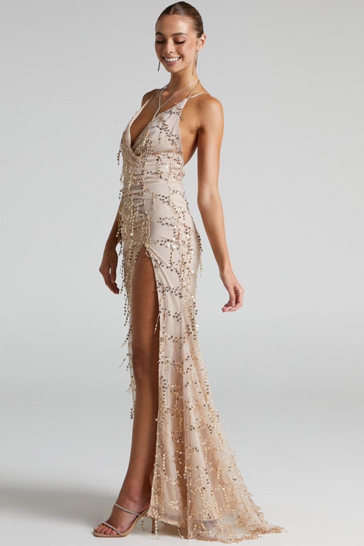 Sequin Deep V-Neck Backless High Split Maxi Dress in Champagne - View 2
