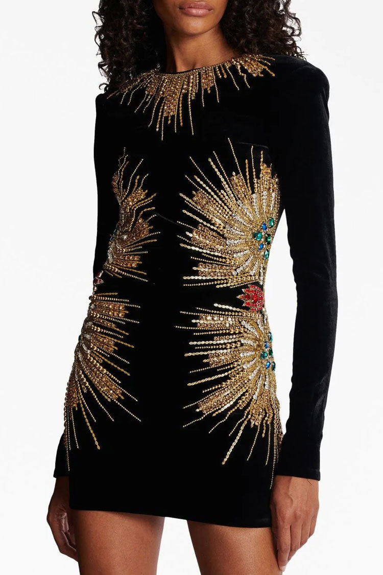 Velvet Crew Neck Long Sleeve Rhinestone Bodycon Mini Dress - View 2