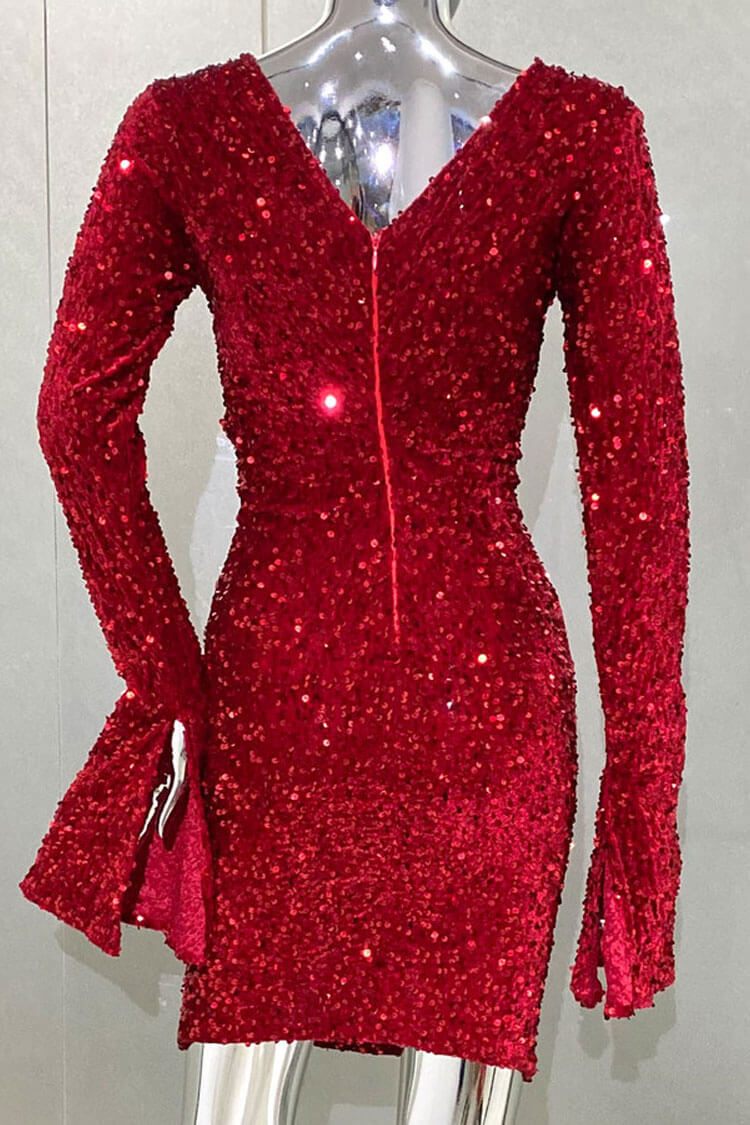Sequin High Neck Long Sleeve Twist Cut Out Ruched Bodycon Mini Party Dress - View 3