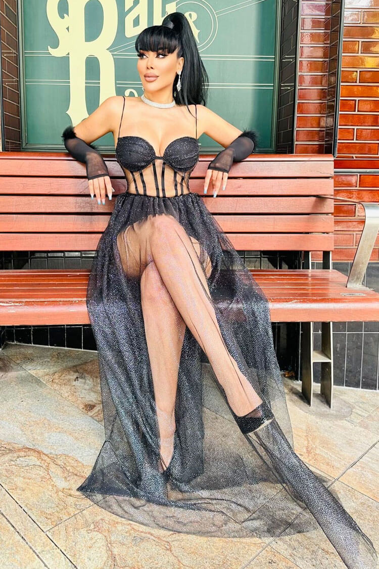 Glitter Strapless Corset Lace Up Sheer Tulle Maxi Dress - View 3