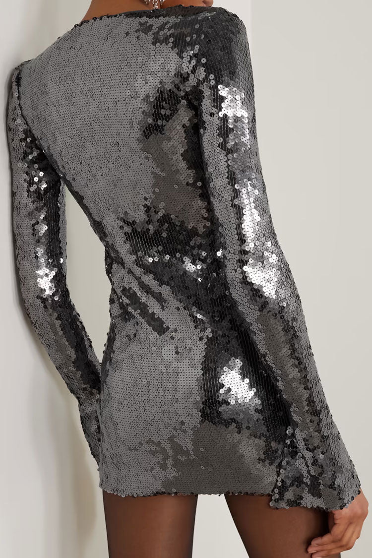 Sequin Tie Neck Cut Out Long Sleeve Bodycon Mini Party Dress - View 2