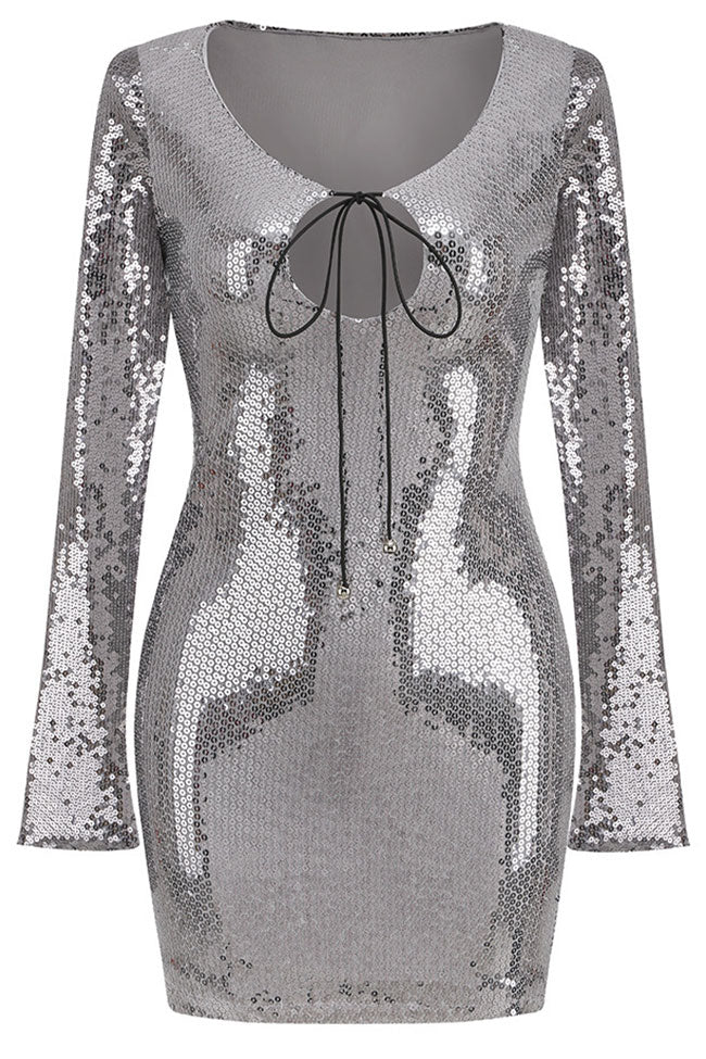 Sequin Tie Neck Cut Out Long Sleeve Bodycon Mini Party Dress - View 3