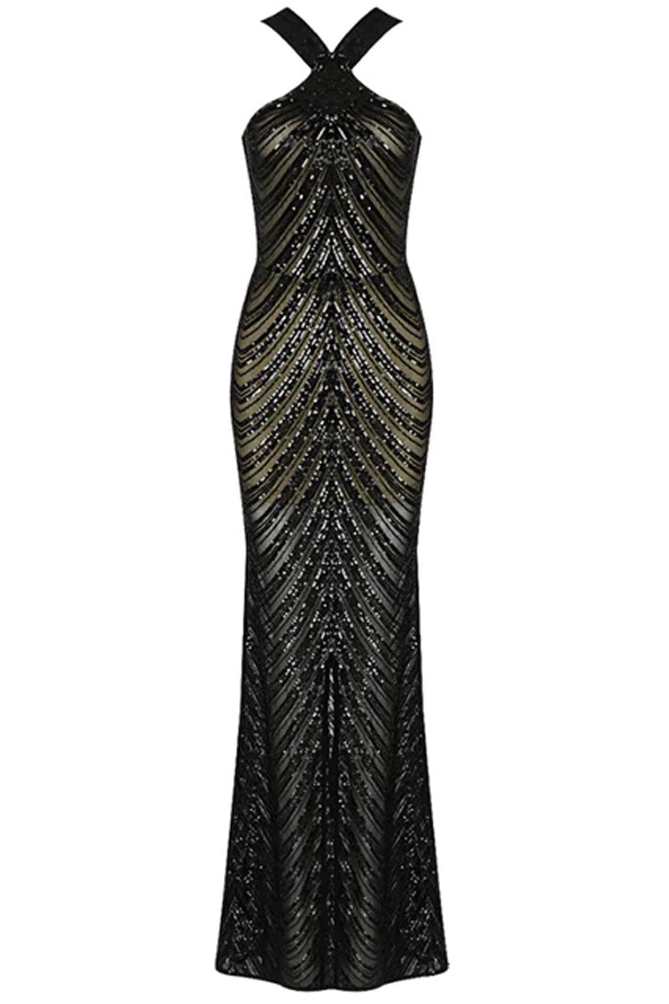 Sequin Halter Neck Sheer Mermaid Maxi Gown - View 3