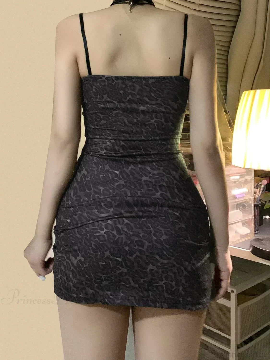Leopard Print Lace Trim Spaghetti Strap High Split Bodycon Mini Dress - View 5