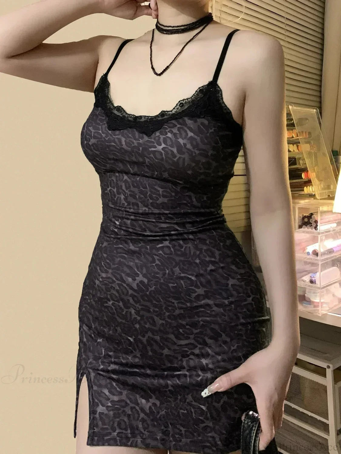 Leopard Print Lace Trim Spaghetti Strap High Split Bodycon Mini Dress - View 2