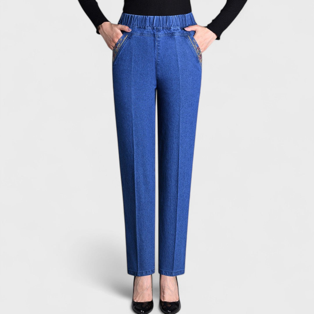 High Waist Elastic Waist Straight Leg Jeans 2
