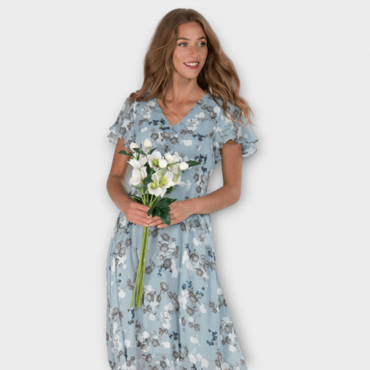 Floral V-Neck Flutter Sleeve A-Line Maxi Dress 3