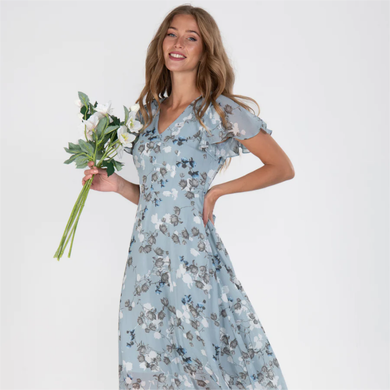 Floral Print Short Sleeve V-Neck A-Line Maxi Dress in Blue - View 2
