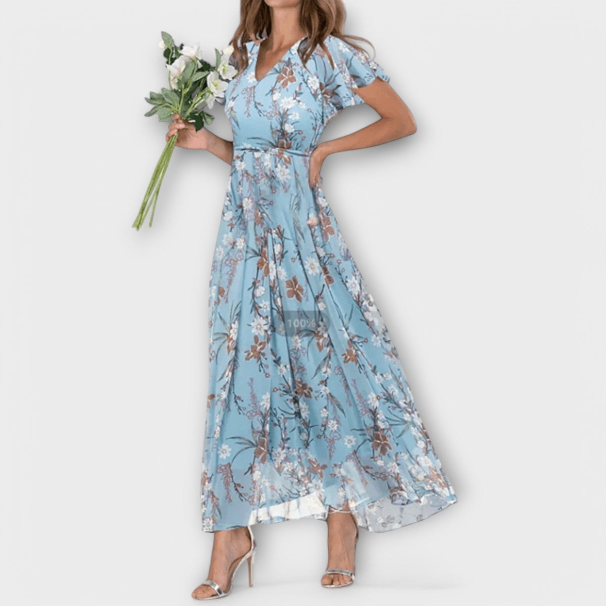 Floral V-Neck Flutter Sleeve A-Line Maxi Dress 2