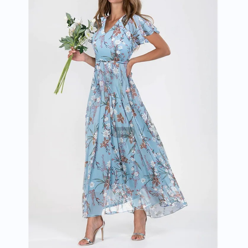 Floral Print Short Sleeve V-Neck A-Line Maxi Dress in Blue - View 4