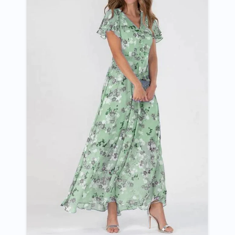 Floral Print Short Sleeve V-Neck A-Line Maxi Dress in Blue - View 6