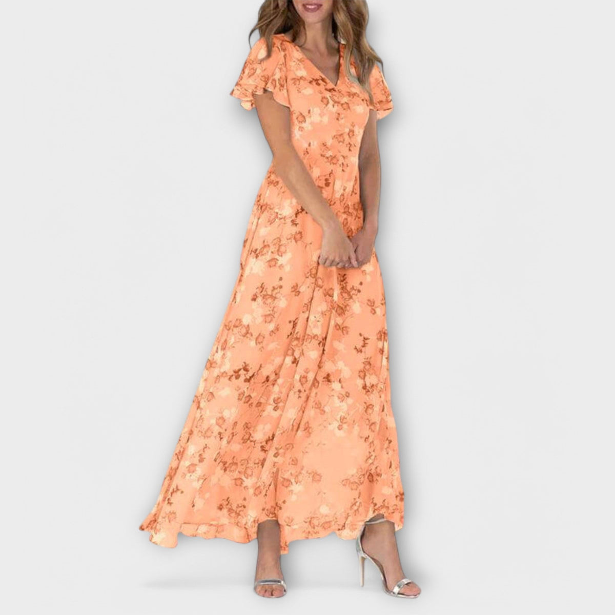 Floral V-Neck Flutter Sleeve A-Line Maxi Dress 9