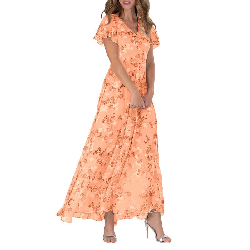 Floral Print Short Sleeve V-Neck A-Line Maxi Dress in Blue - View 8