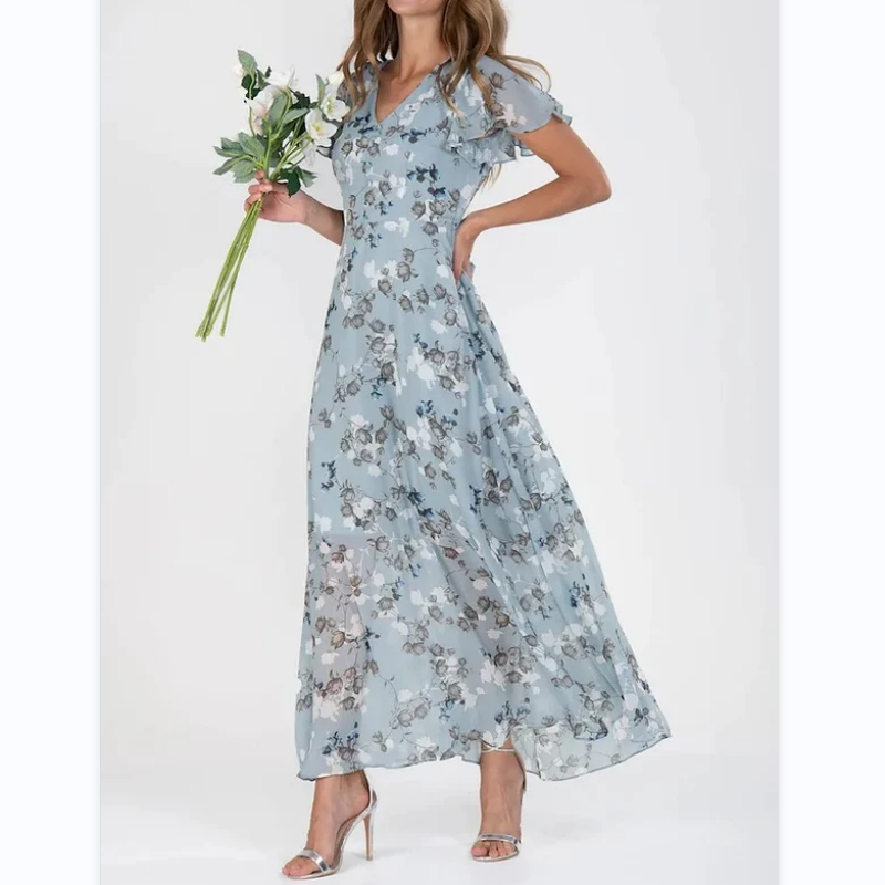 Floral Print Short Sleeve V-Neck A-Line Maxi Dress in Blue - View 10