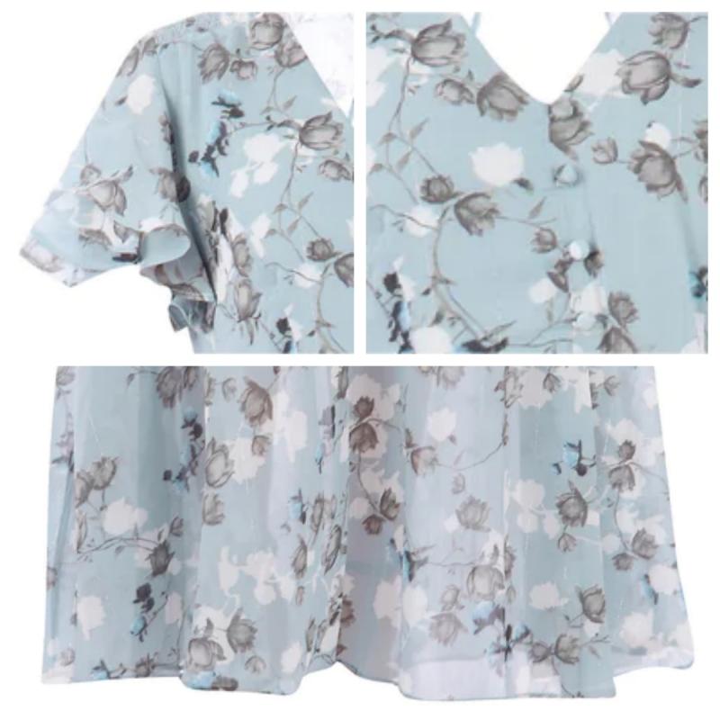 Floral Print Short Sleeve V-Neck A-Line Maxi Dress in Blue - View 11