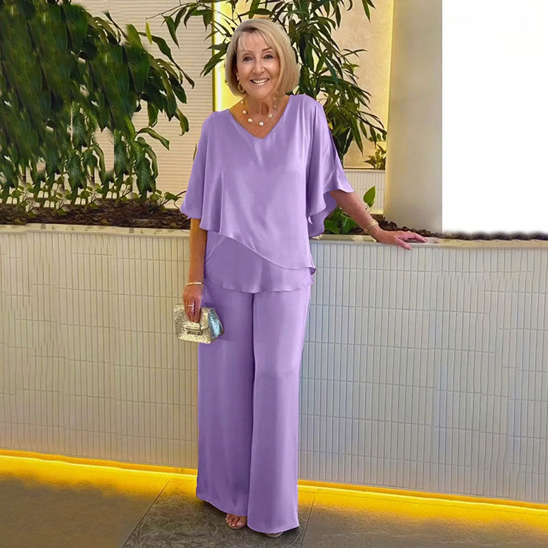 Cape Sleeve Chiffon Top and Wide Leg Pants Two Piece Set 4