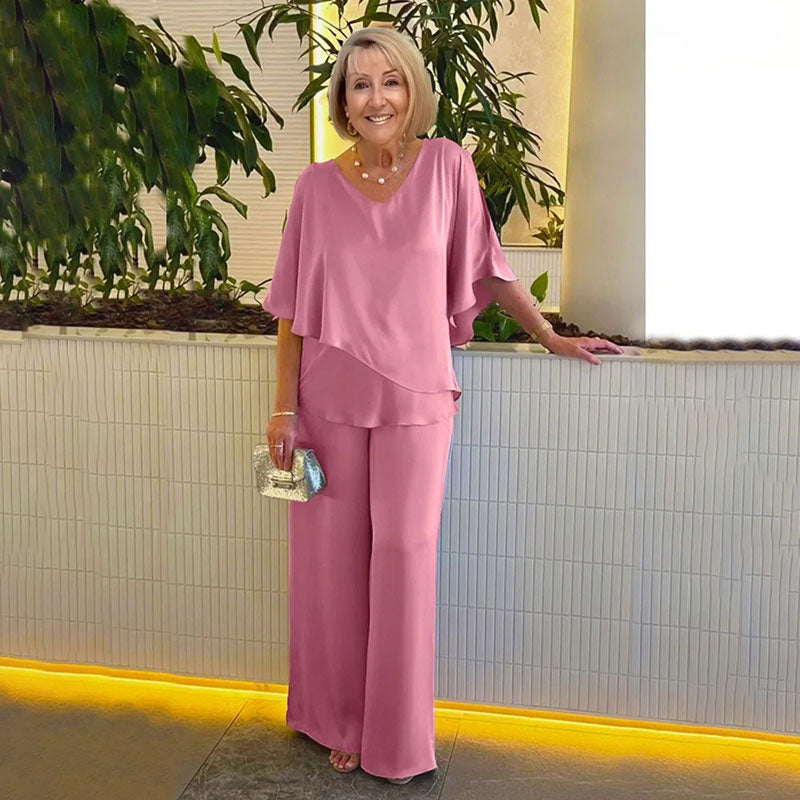 Cape Overlay Top and Wide Leg Pants Two Piece Set 3