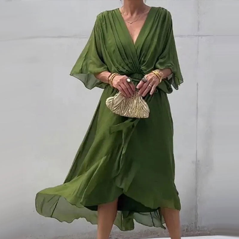Deep V-Neck Batwing Sleeve Tie Waist Flowy Midi Dress - View 2