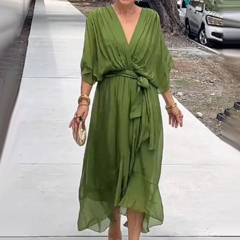 Deep V-Neck Batwing Sleeve Tie Waist Flowy Midi Dress