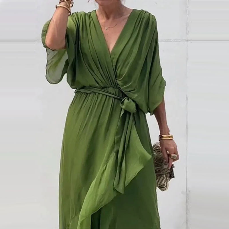 Deep V-Neck Batwing Sleeve Tie Waist Flowy Midi Dress - View 3