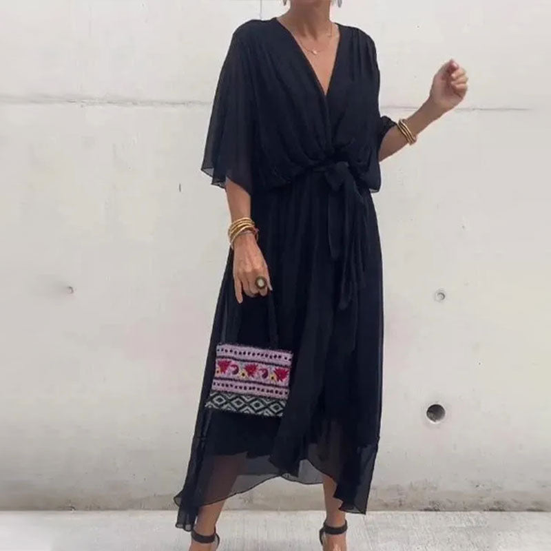 Deep V-Neck Batwing Sleeve Tie Waist Flowy Midi Dress - View 6