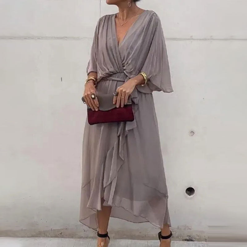 Deep V-Neck Batwing Sleeve Tie Waist Flowy Midi Dress - View 7