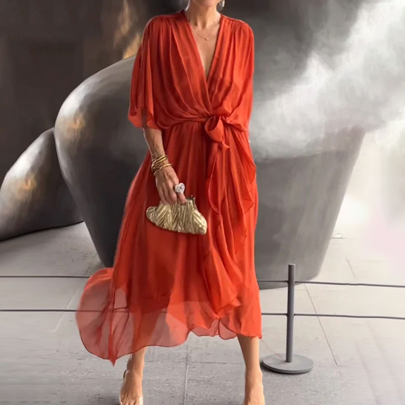 Deep V-Neck Batwing Sleeve Tie Waist Flowy Midi Dress - View 8
