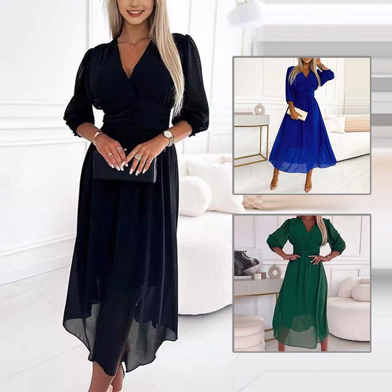 V-Neck Puff Sleeve Chiffon Maxi Dress
