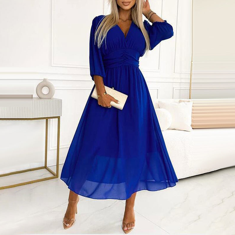 V-Neck Puff Sleeve Chiffon Maxi Dress - View 3