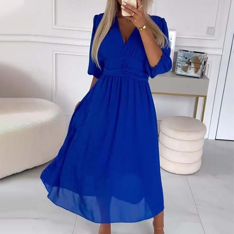 V-Neck Puff Sleeve Chiffon Maxi Dress - View 4