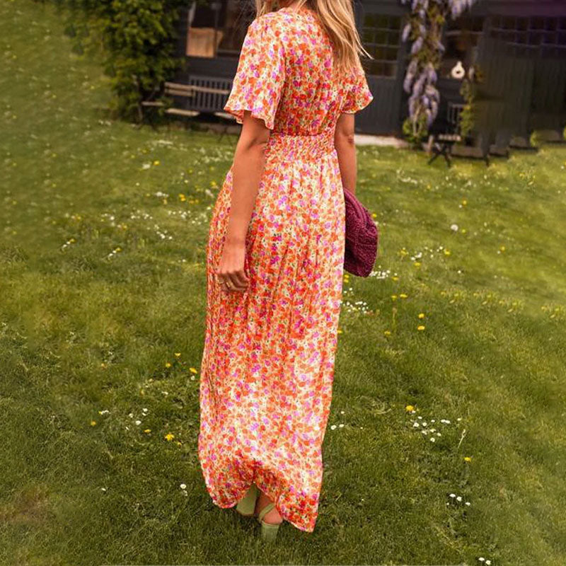 Floral V-Neck Flutter Sleeve Pleated Maxi Dress 2