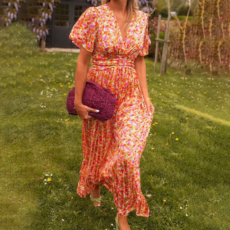 Floral V-Neck Flutter Sleeve Pleated Maxi Dress 3