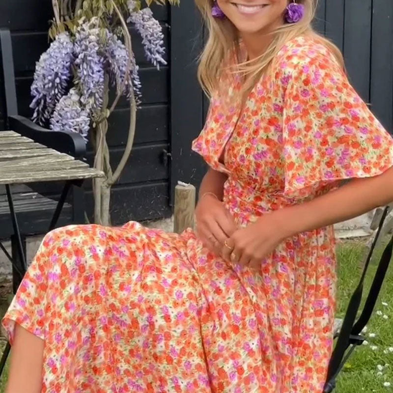 Floral V-Neck Flutter Sleeve Pleated Maxi Dress 4