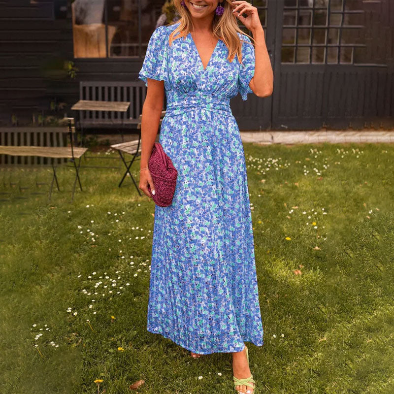 Floral V-Neck Flutter Sleeve Pleated Maxi Dress 5