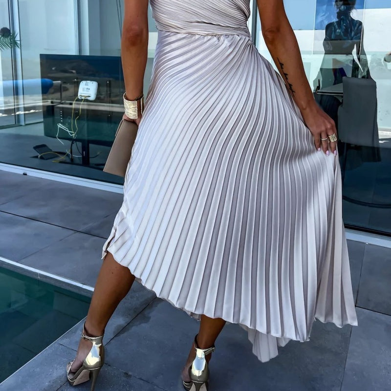 One Shoulder Pleated Maxi Dress in Black - View 6
