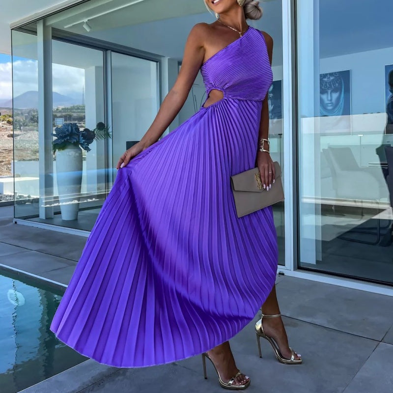 One Shoulder Pleated Maxi Dress in Black - View 9