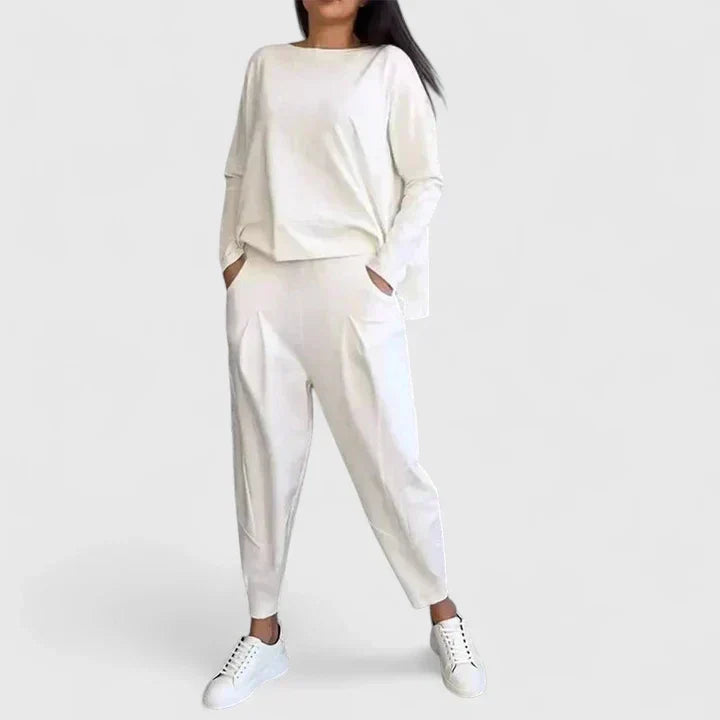 Boat Neck Long Sleeve Top and Tapered Pants Two Piece Set 2
