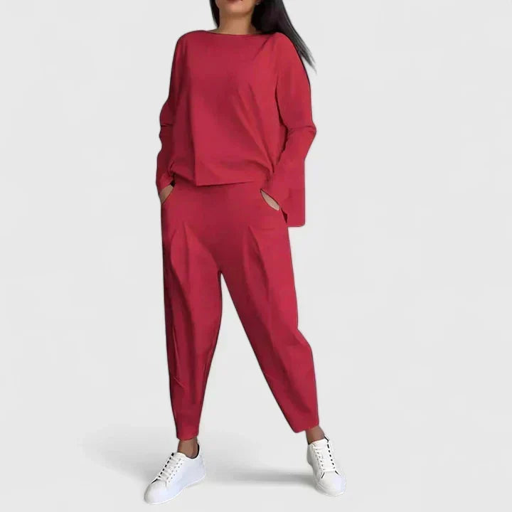 Boat Neck Long Sleeve Top and Tapered Pants Two Piece Set 7