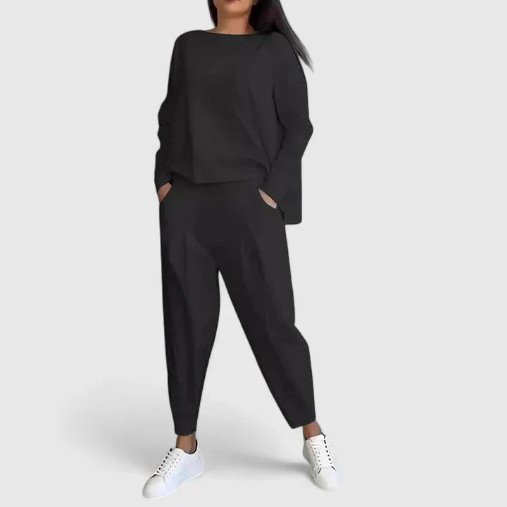 Boat Neck Long Sleeve Top and Tapered Pants Two Piece Set 9