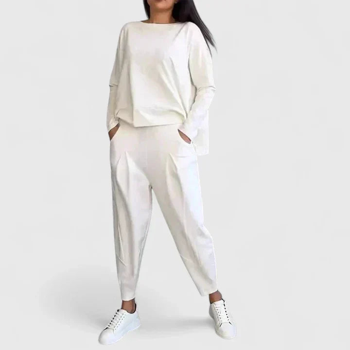 Boat Neck Long Sleeve Top and Tapered Pants Two Piece Set 12
