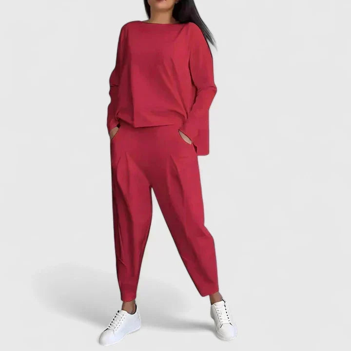 Boat Neck Long Sleeve Top and Tapered Pants Two Piece Set 15