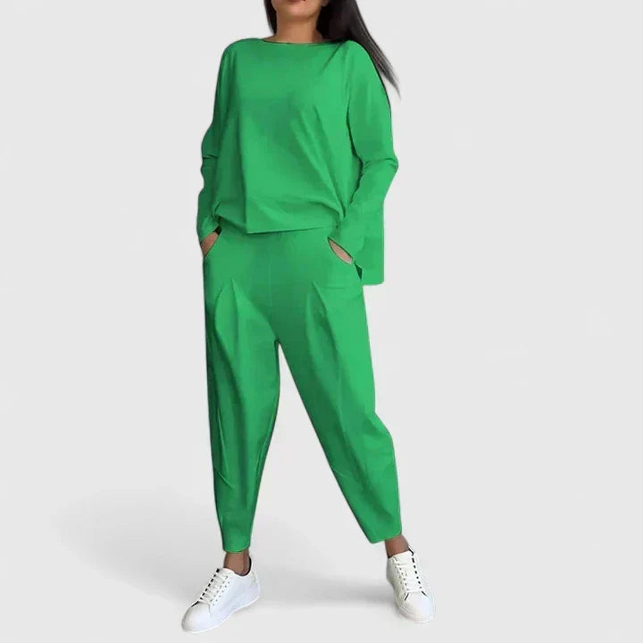 Boat Neck Long Sleeve Top and Tapered Pants Two Piece Set 16