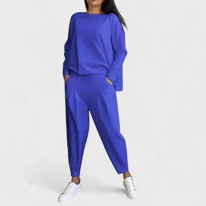 Boat Neck Long Sleeve Top and Tapered Pants Two Piece Set 14