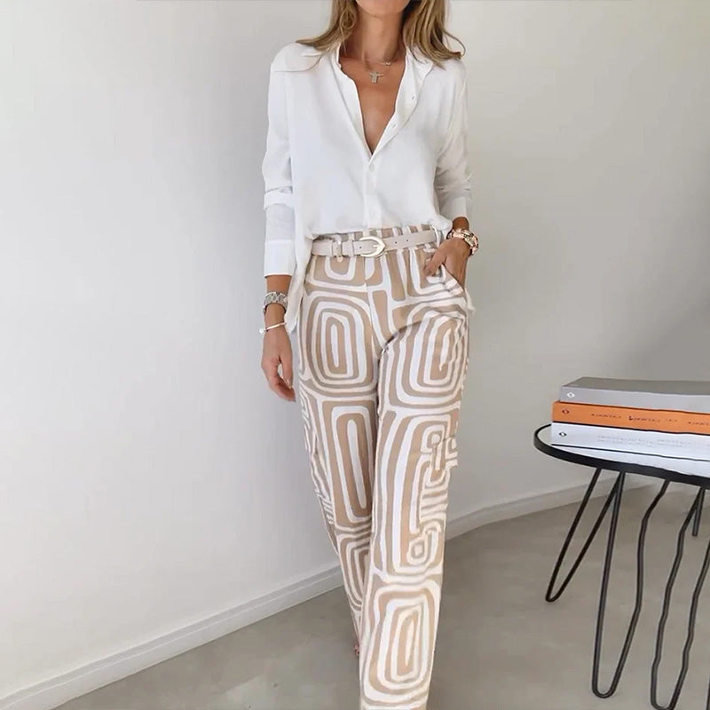 Long Sleeve Shirt and Printed Wide Leg Pants Two Piece Set 3