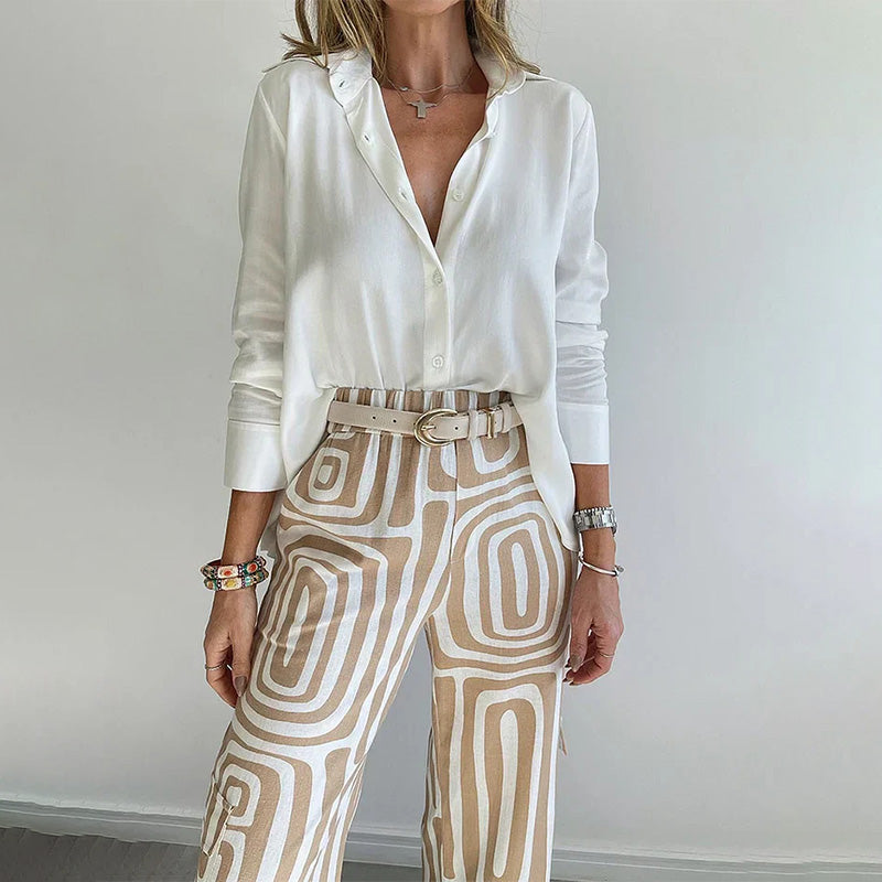 Long Sleeve Shirt and Printed Wide Leg Pants Two Piece Set 4