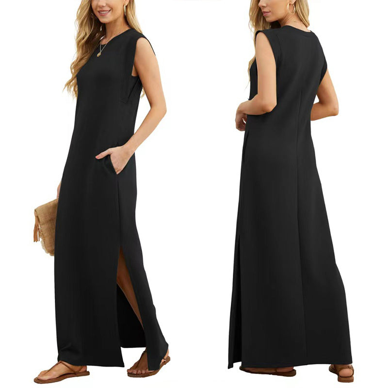 Crew Neck Sleeveless Pocket Shift Maxi Dress 2