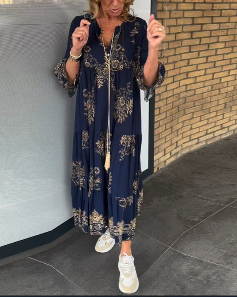 Bohemian Floral Print V-Neck Long Sleeve Tiered Maxi Dress 5