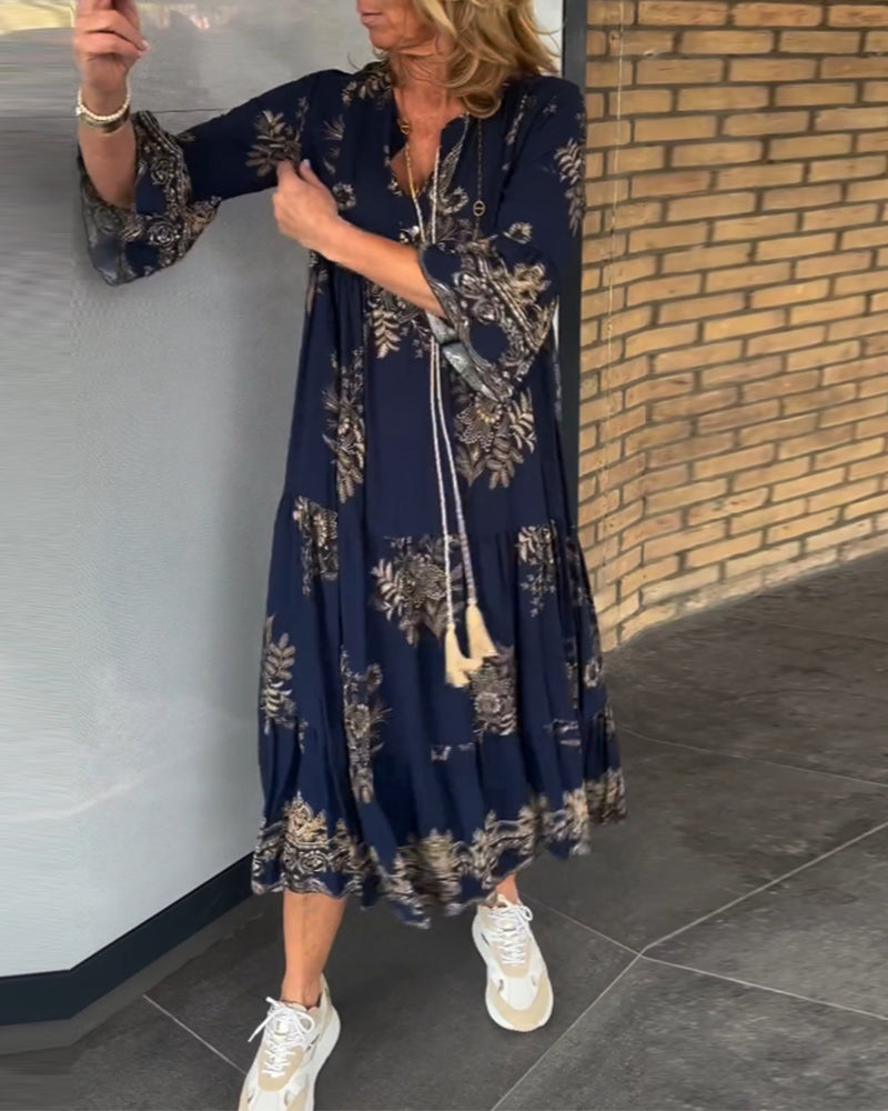 Bohemian Floral Print V-Neck Long Sleeve Tiered Maxi Dress 7
